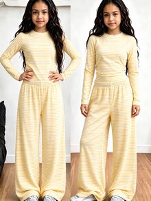 SHEIN Tween Girls Winter Outfits Tops T-Shirt Co-Ords, Holiday Outfits, Casual Cute, Comfortable, Daily, Family Matching Student White - Yellow - View 1