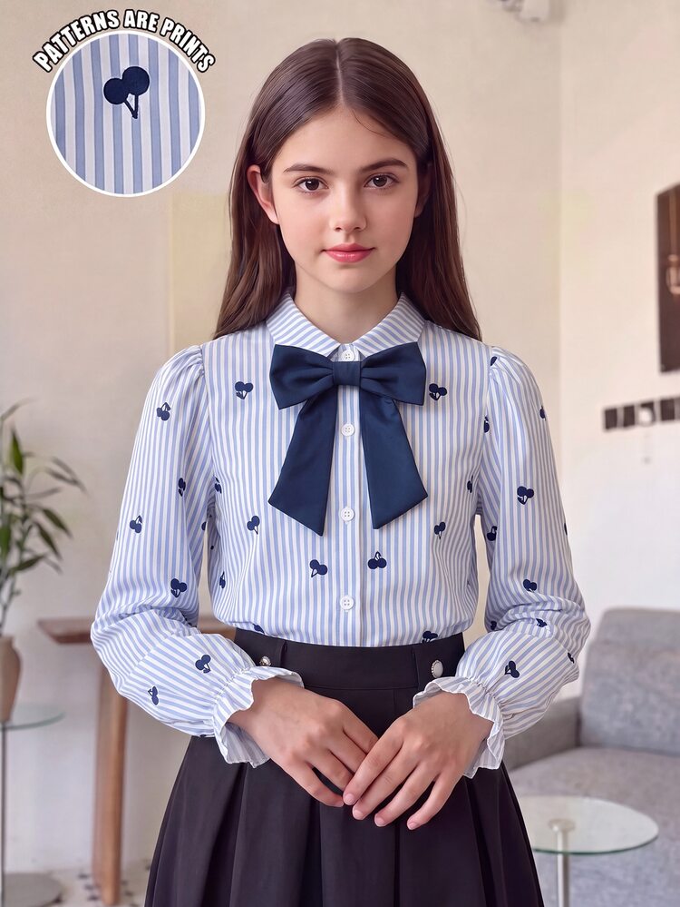 SHEIN Tween Girls Shirt, Light Blue, Casual Fit, Warm For Autumn/Winter, Fashionable & Versatile, Cute, Comfortable, Daily Wear, Autumn, Minimalist, Elegant, Striped, Winter, Bow - Blue - View 2