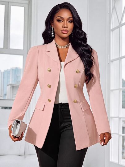 SHEIN Lady 秋冬优雅职场黑色尖领羊腿袖金色纽扣长袖加大码粉色外套