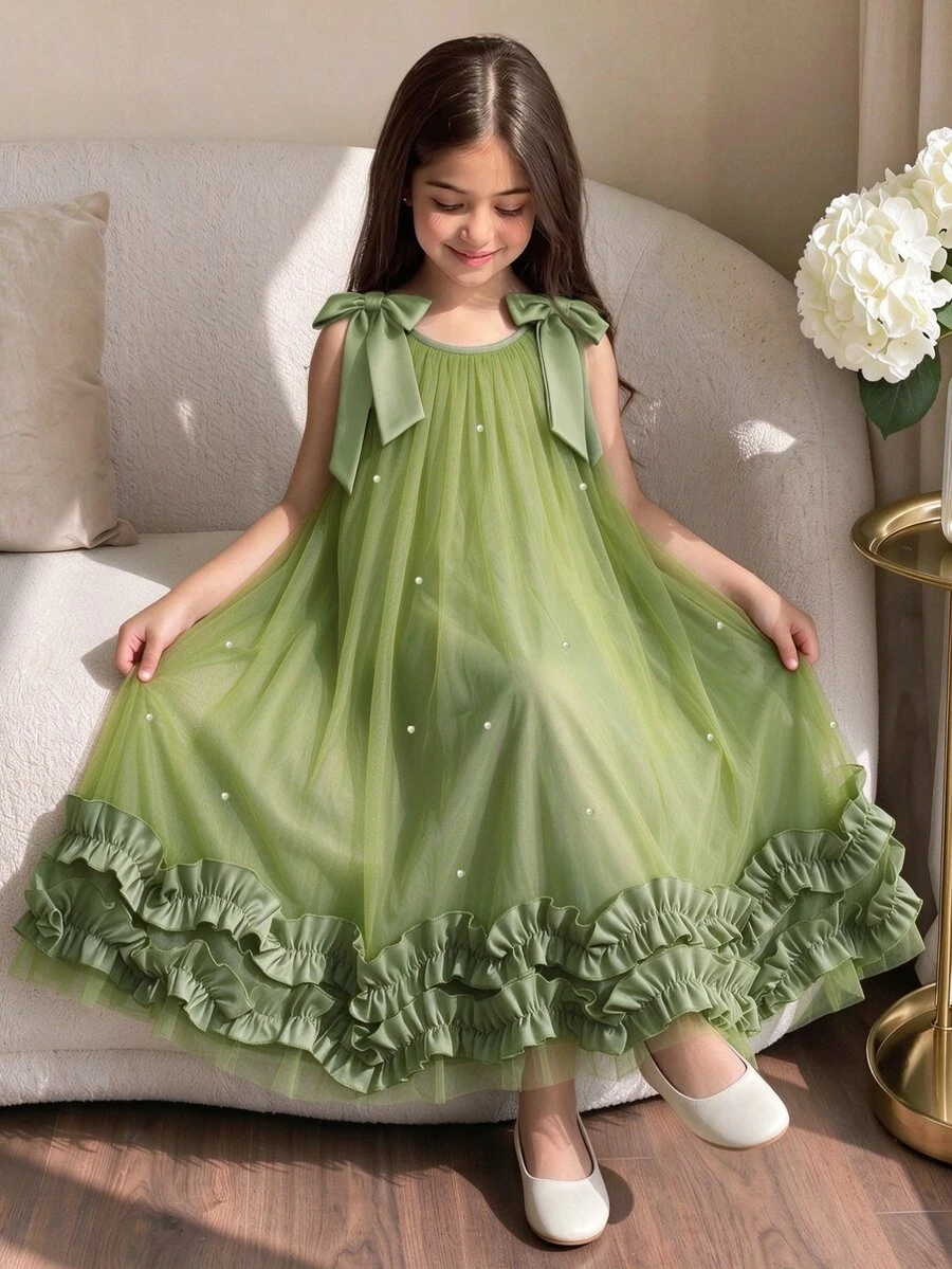 Vestido elegante y lindo de moda con volantes, decoración de perlas y malla para niñas, dama de honor, fiesta de verano - Verde - Ver 1