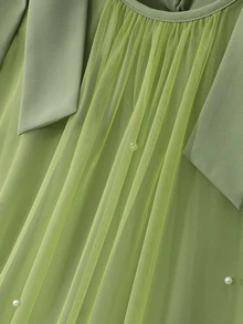 Vestido elegante y lindo de moda con volantes, decoración de perlas y malla para niñas, dama de honor, fiesta de verano - Verde - Ver 4