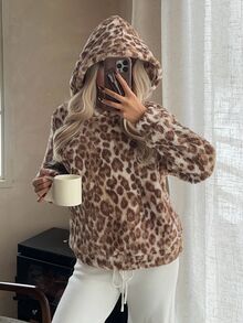 CovetEZ Women's Fashion Versatile Leopard Print Long Sleeve Hooded Jacket - Brown - View 5