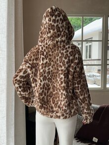 CovetEZ Women's Fashion Versatile Leopard Print Long Sleeve Hooded Jacket - Brown - View 8