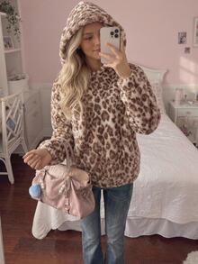 CovetEZ Women's Fashion Versatile Leopard Print Long Sleeve Hooded Jacket - Brown - View 2