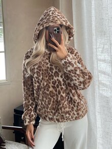 CovetEZ Women's Fashion Versatile Leopard Print Long Sleeve Hooded Jacket - Brown - View 7