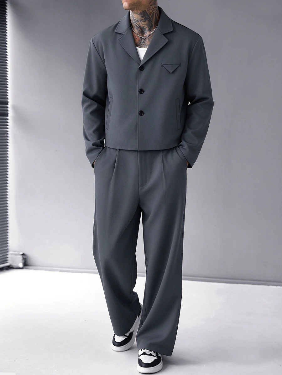 HUEFORM Men's Dark Gray Fashion Notch Lapel Triangle 3D Decor Chest Strap Wide Leg Casual 2 Pieces Suit Set - Dark Grey - View 1