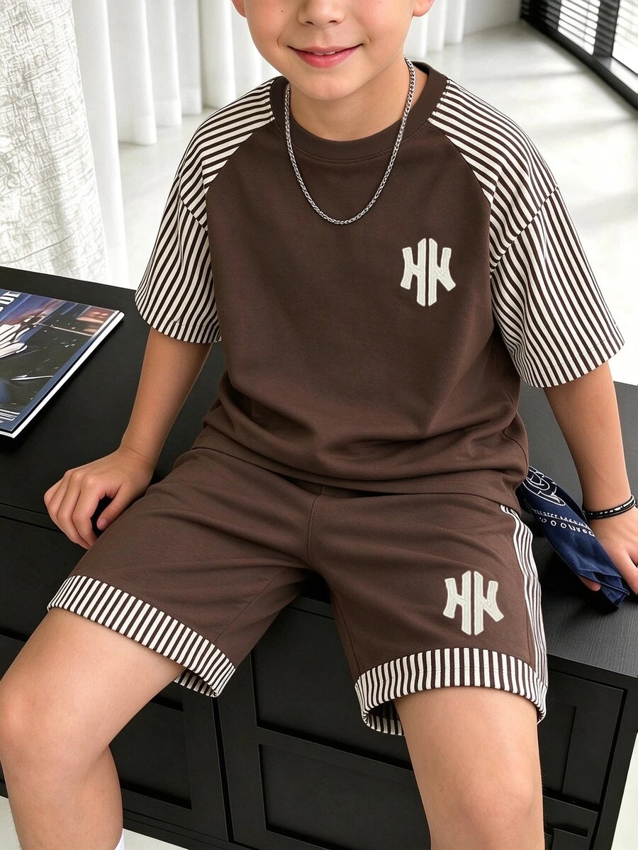 Young Boy Casual Round Kids Neck Striped Short Sleeve T-Shirt And Shorts Set Summer Y2k Vacation - Multicolor - View 1