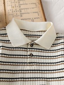 小男孩 Polo 衫長褲套裝，對比領口、羅紋彈性腰頭，春夏秋冬休閒穿搭，適合上學、生日、度假、日常穿著，冬季白色 - 卡其色 - 查看 4