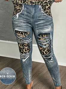 Maweii Plus Size Leopard Patchwork Distressed Denim Print Stretch High-Waist Leggings,Casual Slim Fit Ripped Look Pants,Fall Fashion For Women Night - Multicolor - View 3