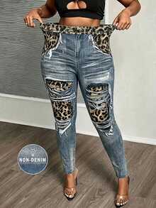 Maweii Plus Size Leopard Patchwork Distressed Denim Print Stretch High-Waist Leggings,Casual Slim Fit Ripped Look Pants,Fall Fashion For Women Night - Multicolor - View 1