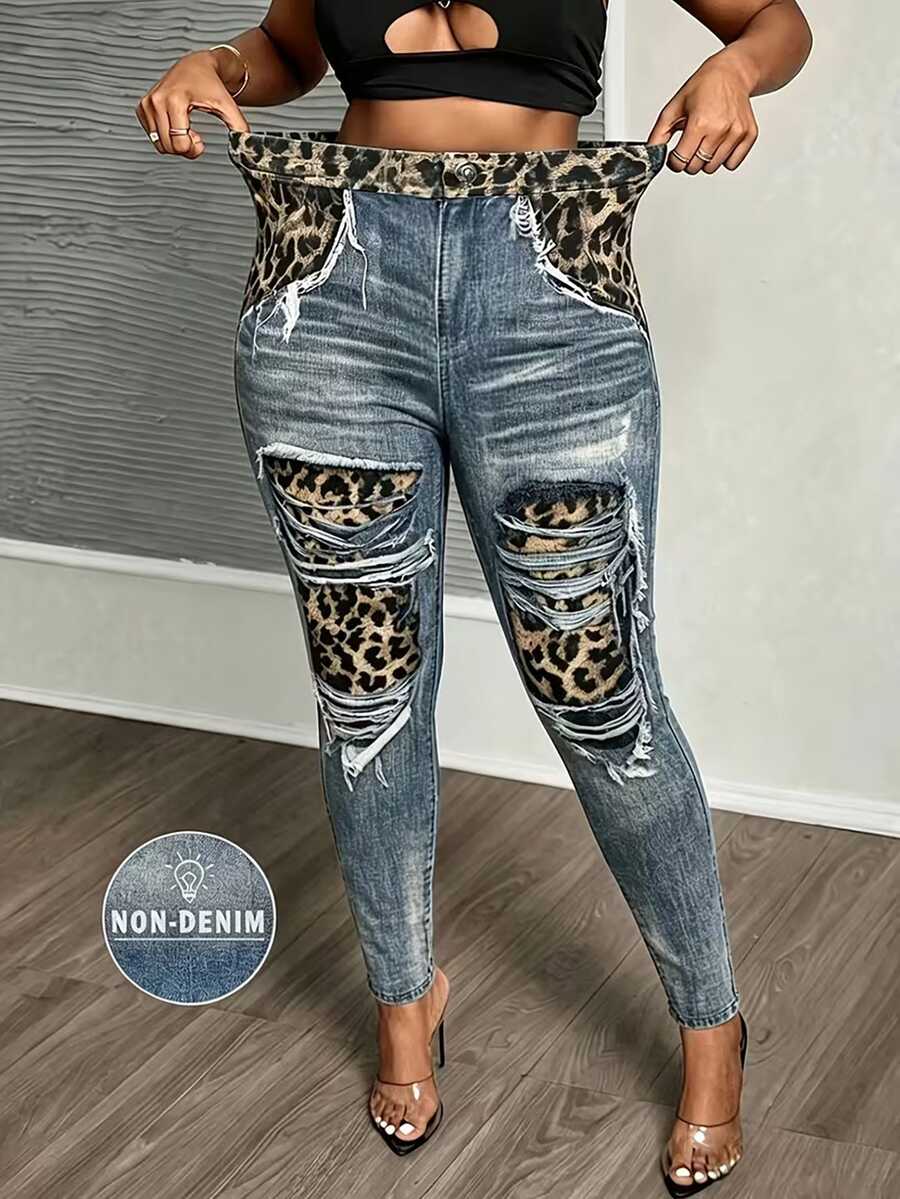 Maweii Plus Size Leopard Patchwork Distressed Denim Print Stretch High-Waist Leggings,Casual Slim Fit Ripped Look Pants,Fall Fashion For Women Night - Multicolor - View 1