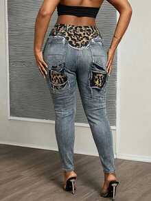Maweii Plus Size Leopard Patchwork Distressed Denim Print Stretch High-Waist Leggings,Casual Slim Fit Ripped Look Pants,Fall Fashion For Women Night - Multicolor - View 2