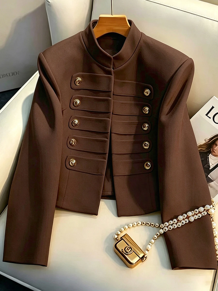 SHEIN Franclia French Style Stand Collar Double-Breasted Gold Button Short Blazer Jacket For Women, Premium Commuter Slimming Jacket Top For Petite - Coffee Brown - View 1