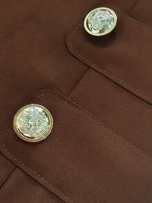 SHEIN Franclia French Style Stand Collar Double-Breasted Gold Button Short Blazer Jacket For Women, Premium Commuter Slimming Jacket Top For Petite - Coffee Brown - View 4