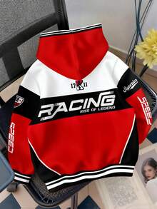 Attitoon Casual Loose Hooded Racing Jacket Black & Red Colorblock Letter & Number Print Open Front Sweatshirt, Suitable For Outings, Streetwear, Chic Fashion, Autumn/Winter - Multicolor - View 2