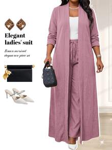 Fleurora Plus Size Solid Color Extra Long Coat And Pants 2 Pieces Set Brunch Vacation Formal Travel Dusty Pink Autumn Elegant Matching Casual Fall - Dusty Pink - View 6