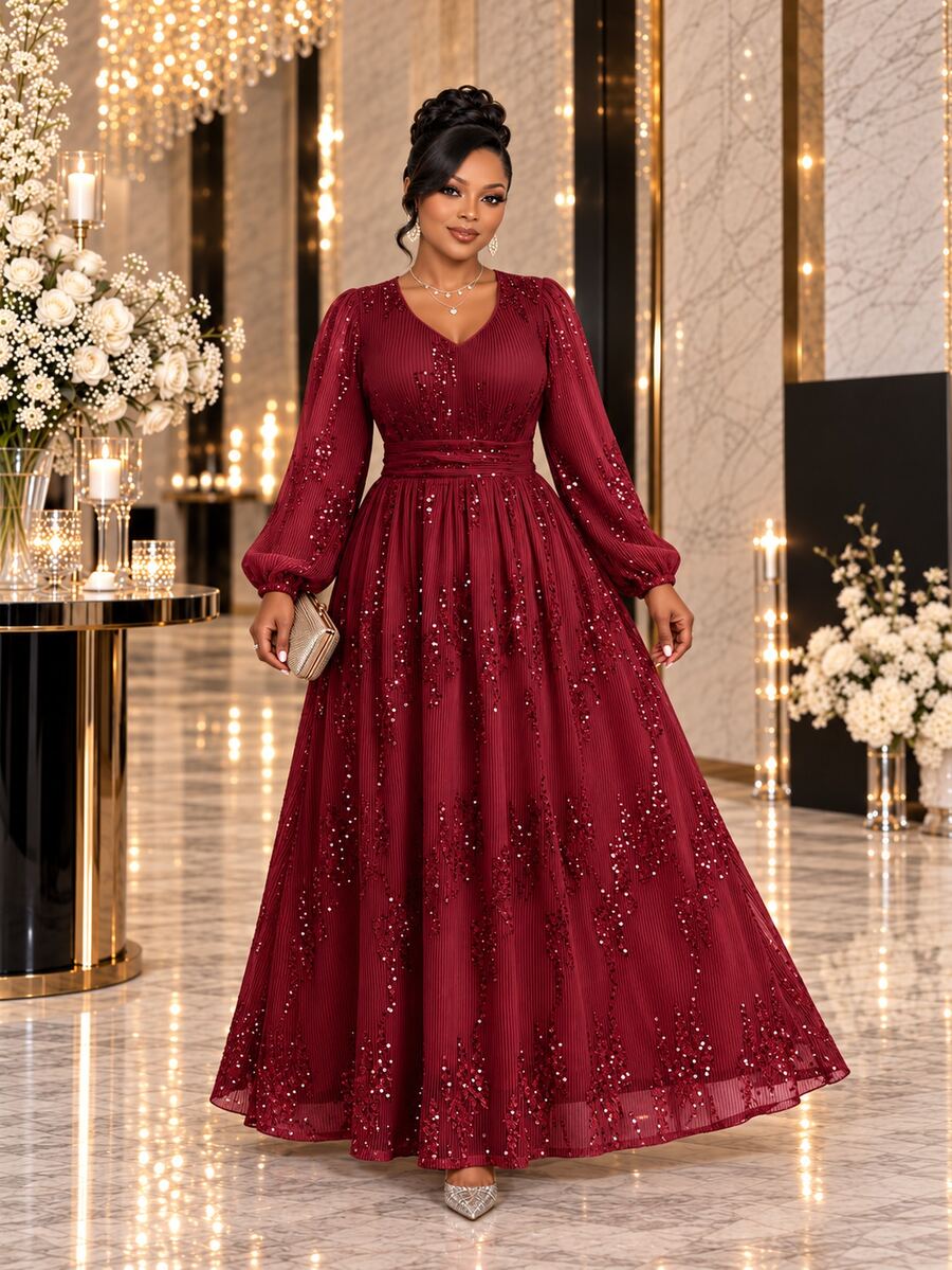 Fleurora Plus Size Elegant Party Cocktail Formal Evening Sequin Decorated Dress Fall Burgundy Christmas - Red - View 1