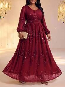 Fleurora Plus Size Elegant Party Cocktail Formal Evening Sequin Decorated Dress Fall Burgundy Christmas - Red - View 5