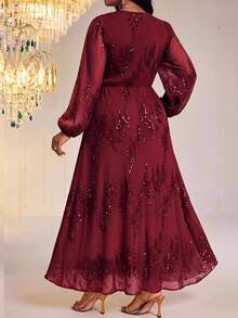 Fleurora Plus Size Elegant Party Cocktail Formal Evening Sequin Decorated Dress Fall Burgundy Christmas - Red - View 2