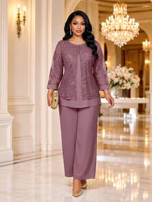 Fleurora Plus Size Suit Sets Wedding Formal Dinner Purple Summer Fall - Dusty Pink - View 1
