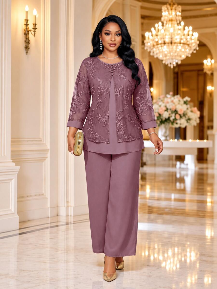 Fleurora Plus Size Suit Sets Wedding Formal Dinner Purple Summer Fall - Dusty Pink - View 1