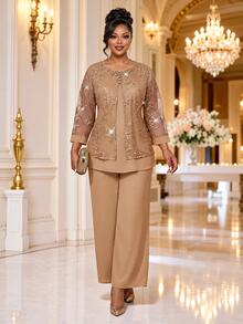 Fleurora Plus Size French Mesh Top And Loose Long Pants 2 Pieces Set Wedding Party Formal Dinner Evening Beige Blue Spring Casual Elegant Wedding Fall New Year - Khaki - View 1