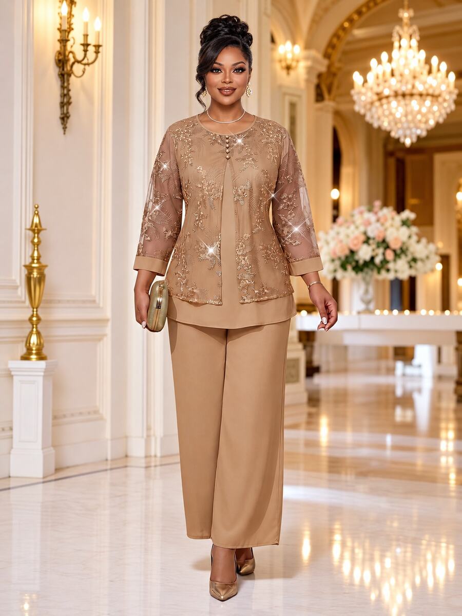 Fleurora Plus Size French Mesh Top And Loose Long Pants 2 Pieces Set Wedding Party Formal Dinner Evening Beige Blue Spring Casual Elegant Wedding Fall New Year - Khaki - View 1