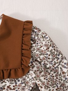 SHEIN 女童春夏/秋冬時尚優雅襯衫式數位碎花洋裝，適合溫和天氣、戶外露營、旅行、日常休閒穿著與購物 - 咖啡棕 - 查看 6