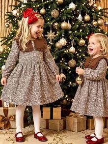 SHEIN 女童春夏/秋冬時尚優雅襯衫式數位碎花洋裝，適合溫和天氣、戶外露營、旅行、日常休閒穿著與購物 - 咖啡棕 - 查看 2