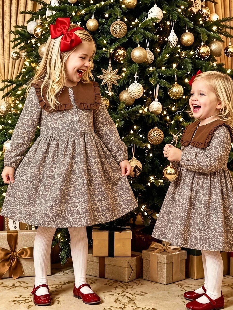 SHEIN 女童春夏/秋冬時尚優雅襯衫式數位碎花洋裝，適合溫和天氣、戶外露營、旅行、日常休閒穿著與購物