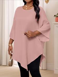 SHEIN Lady Plus Size Women Solid Round Neck 3/4 Sleeve Loose Asymmetric Hem Elegant Blouse Fall - Pink - View 5