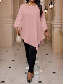 SHEIN Lady Plus Size Women Solid Round Neck 3/4 Sleeve Loose Asymmetric Hem Elegant Blouse Fall - Pink - View 3