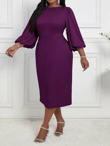 SHEIN Lady Plus Size Solid Color Round Neck Elegant Long Sleeve Dress Fall - Purple - View 3