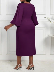 SHEIN Lady Plus Size Solid Color Round Neck Elegant Long Sleeve Dress Fall - Purple - View 2