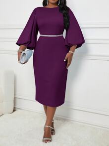 SHEIN Lady Plus Size Solid Color Round Neck Elegant Long Sleeve Dress Fall - Purple - View 4