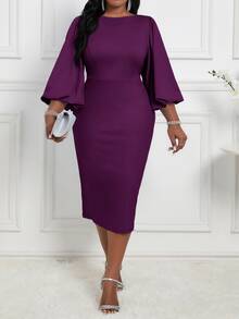 SHEIN Lady Plus Size Solid Color Round Neck Elegant Long Sleeve Dress Fall - Purple - View 6