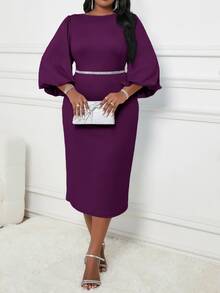 SHEIN Lady Plus Size Solid Color Round Neck Elegant Long Sleeve Dress Fall - Purple - View 5