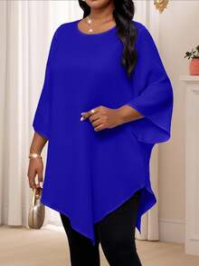 SHEIN Lady 2025新款大码女式纯色金属圆领3/4袖宽松不对称下摆优雅衬衫情人节新年派对感恩节假期 - 寶藍色 - 查看 5