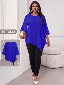 SHEIN Lady 2025新款大码女式纯色金属圆领3/4袖宽松不对称下摆优雅衬衫情人节新年派对感恩节假期 - 寶藍色 - 查看 1