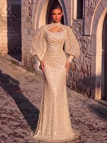 Aureia Elegant Luxury Beaded Embroidery Stand Collar Long Sleeve Waist Handmade Sequins Pleated Fishbone Support Design, Slim Fit Mermaid Long Dress, Suitable For Wedding, Party And Formal Occasions. - Apricot - View 1