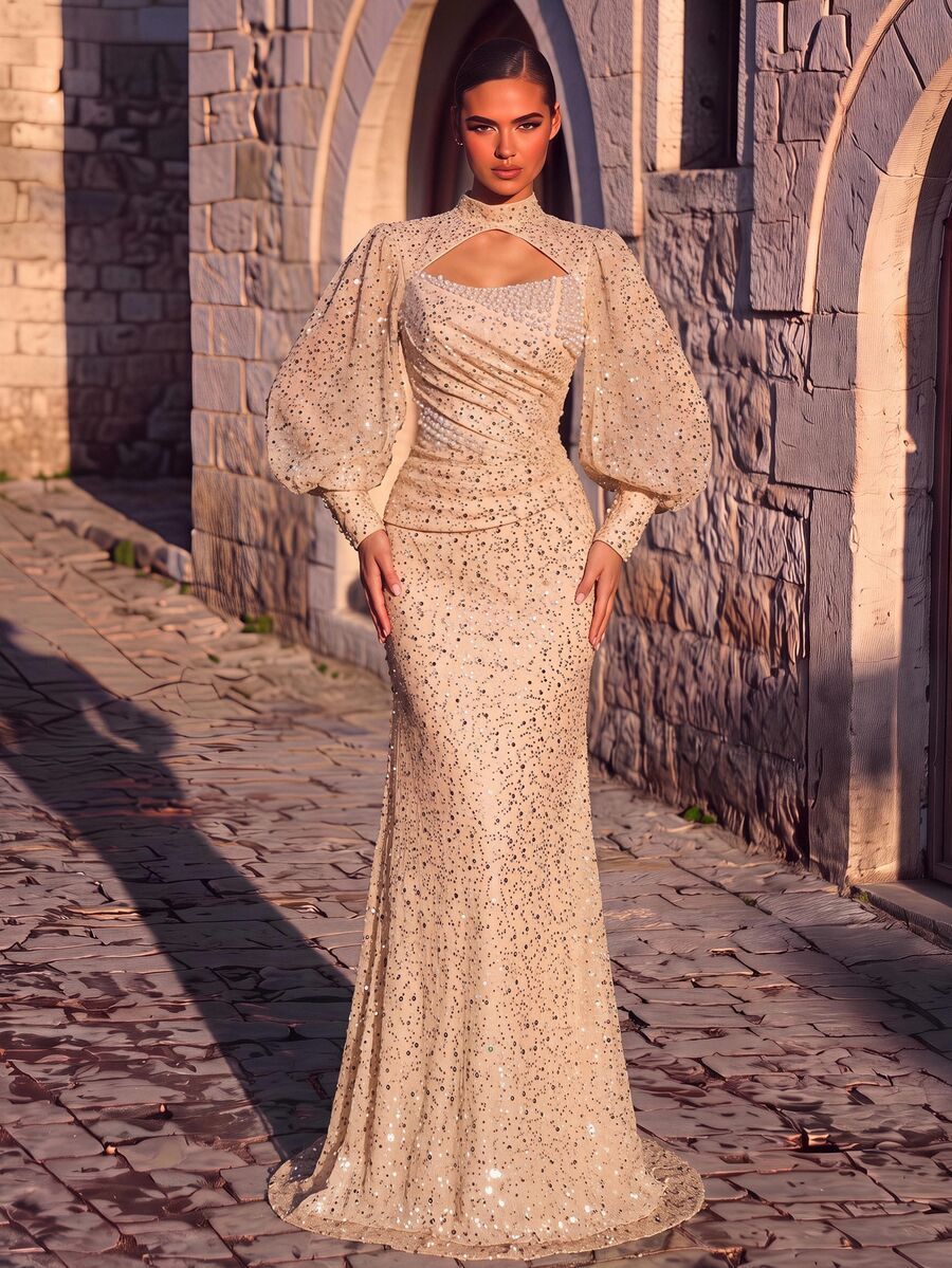 Aureia Elegant Luxury Beaded Embroidery Stand Collar Long Sleeve Waist Handmade Sequins Pleated Fishbone Support Design, Slim Fit Mermaid Long Dress, Suitable For Wedding, Party And Formal Occasions. - Apricot - View 1