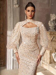 Aureia Elegant Luxury Beaded Embroidery Stand Collar Long Sleeve Waist Handmade Sequins Pleated Fishbone Support Design, Slim Fit Mermaid Long Dress, Suitable For Wedding, Party And Formal Occasions. - Apricot - View 7