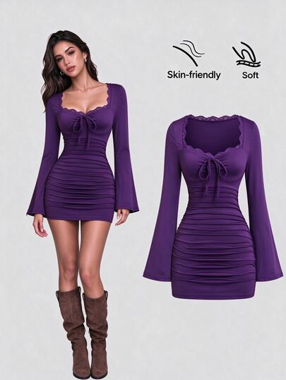 Sweetra Women's Square Neck Contrast Lace Trim Flare Long Sleeve Fitted Ruched Short Dress, Casual Daily, Minimalist Sexy Elegant Style