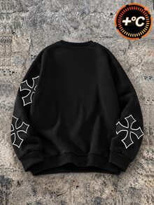 SHEIN Coolqubz 1pc Teen Boys Minimalist High Street Style Printed Pullover Knit Sweatshirt, Comfortable Fabric, Unique Fit, Autumn/Winter New Arrival, Suitable For Multiple Occasions - Black - View 4