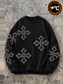 SHEIN Coolqubz 1pc Teen Boys Minimalist High Street Style Printed Pullover Knit Sweatshirt, Comfortable Fabric, Unique Fit, Autumn/Winter New Arrival, Suitable For Multiple Occasions - Black - View 3