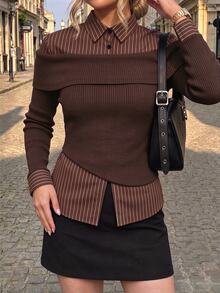 Selenza Women's Fashionable New Spring/Autumn Romantic Elegant Black Off-Shoulder Striped Patchwork Shirt, Fashionable Item - Brown - View 4