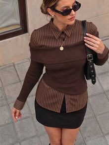 Selenza Women's Fashionable New Spring/Autumn Romantic Elegant Black Off-Shoulder Striped Patchwork Shirt, Fashionable Item - Brown - View 7
