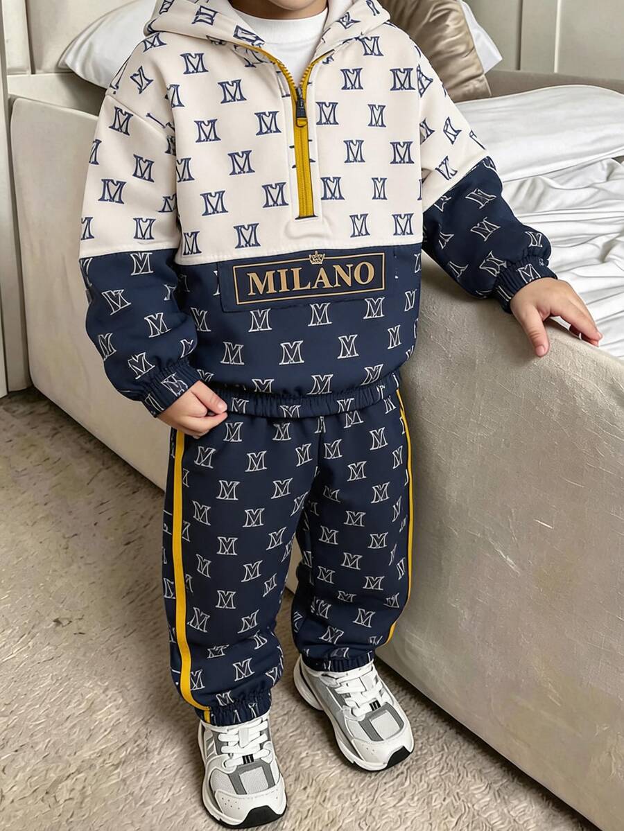 SHEIN Explorewe 2pcs/Set Young Boy White Long Sleeve Half-Zip Hooded Casual Outfit Hodddie Autumn Fall Birthday - Blue - View 1