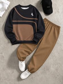 SHEIN Coolqubz Teen Boys Sweatshirt Set, Geometric Digital Print Crew Neck Sweatshirt + Tapered Pants, Loose Fit 2 Pieces Set, Casual Sports Outfit For Autumn/Winter - Khaki - View 2