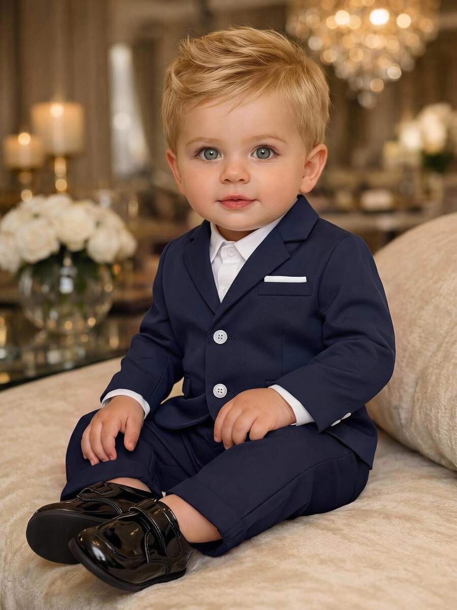 SHEIN Baby Boy 2pcs Set: Long Sleeve Open Front Jacket With Lapel Collar And Elastic Waist Long Pants - Multicolor - View 1